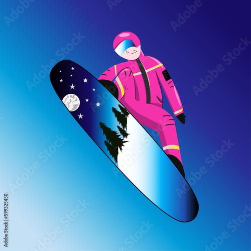 snowboarder on a board with the image of the moon and trees in a pink suit in a jump