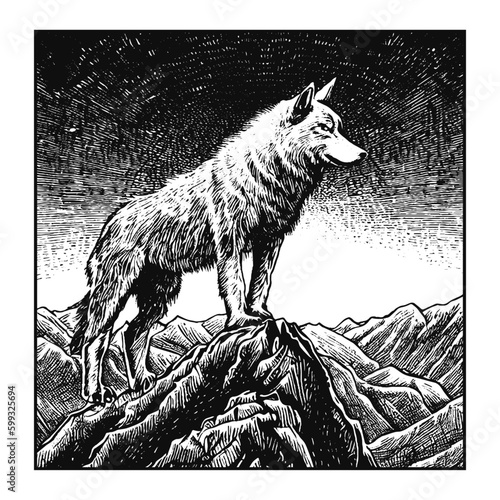wolf in the mountains at night monochrome vector illustration