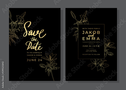 Set of luxury golden wedding invitation cards. Gold templates with linear lily flowers. Save the date. Layout design with botanical elements and handwritten typography. Line art