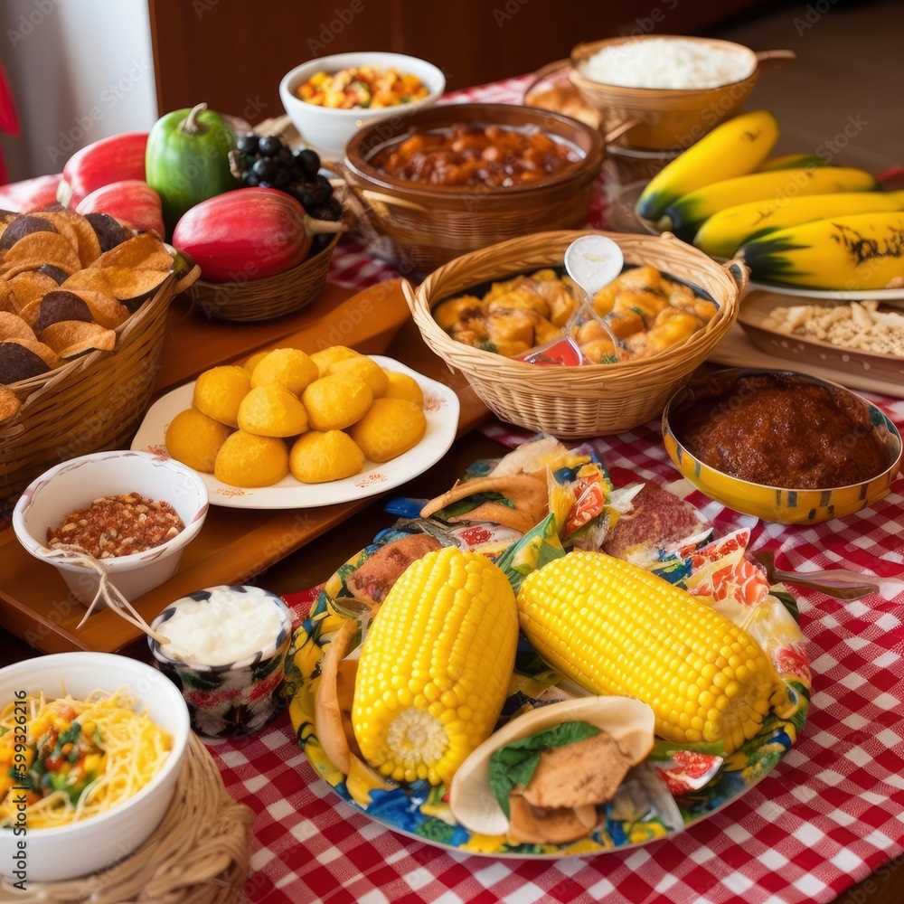Close up view of traditional Brazilian food on a table. June Festival