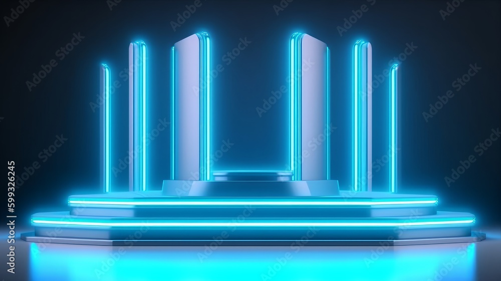 Beautiful futuristic podium with light neon panels for product presentation. Generative AI Beautiful futuristic podium with light neon panels for product presentation. Generative AI