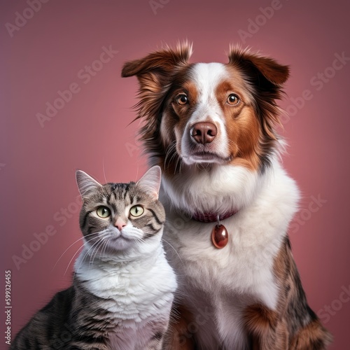 Cat and dog together. Border collie and red merle border collie on pink background.