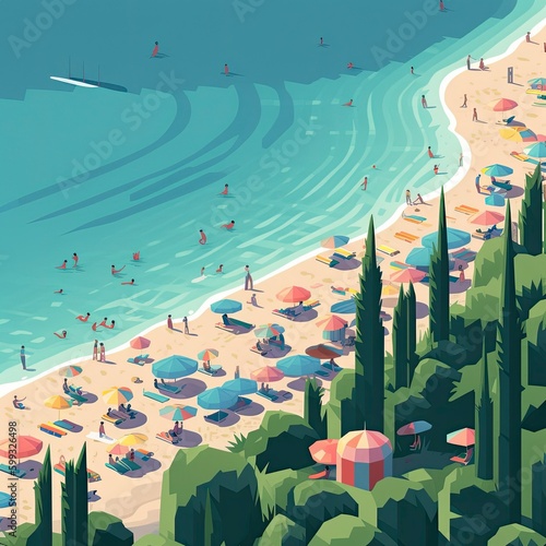 Beach with people and umbrellas. Top view. Vector illustration © LUPACO PNG