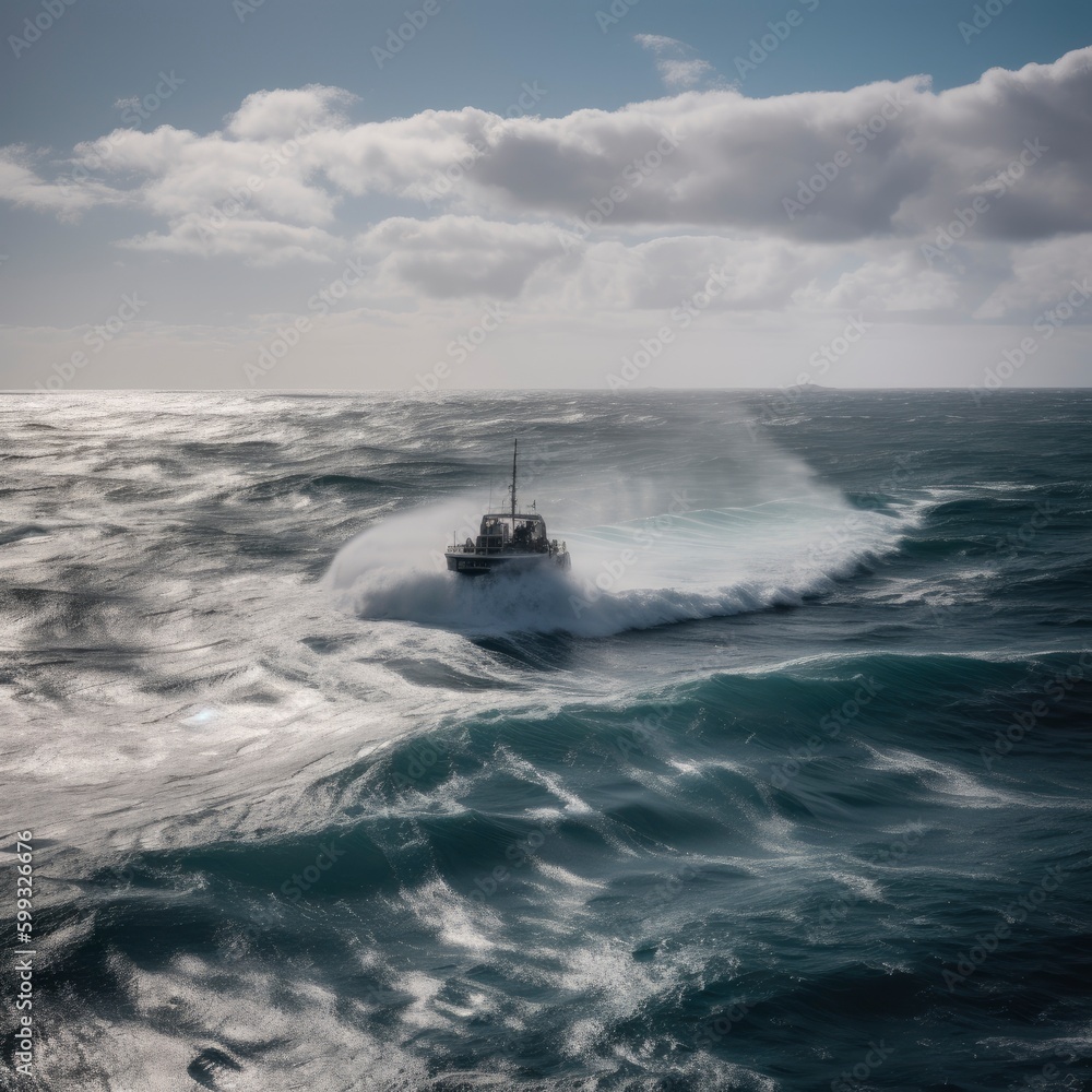 Fototapeta premium Fishing boat in stormy sea. Toned image. Selective focus.