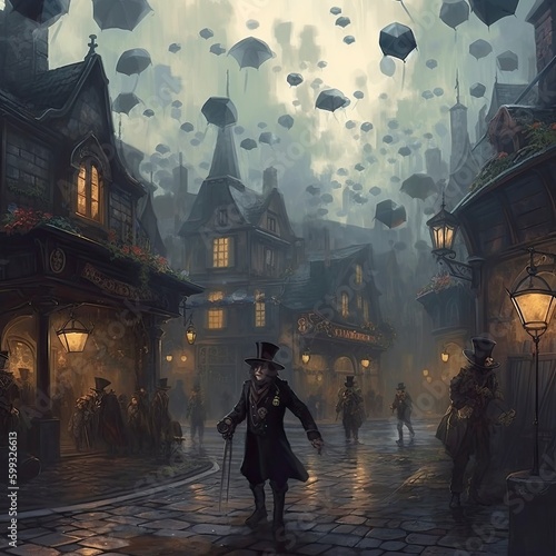 Digital illustration of a witch walking in the old town. Fantasy scene.