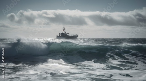 Fishing boat in the stormy sea. Toned image.