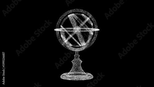 3D armillary sphere on black bg. Object dissolved flickering particles. Scientific historical concept. For title, text, presentation. 3d animation. photo