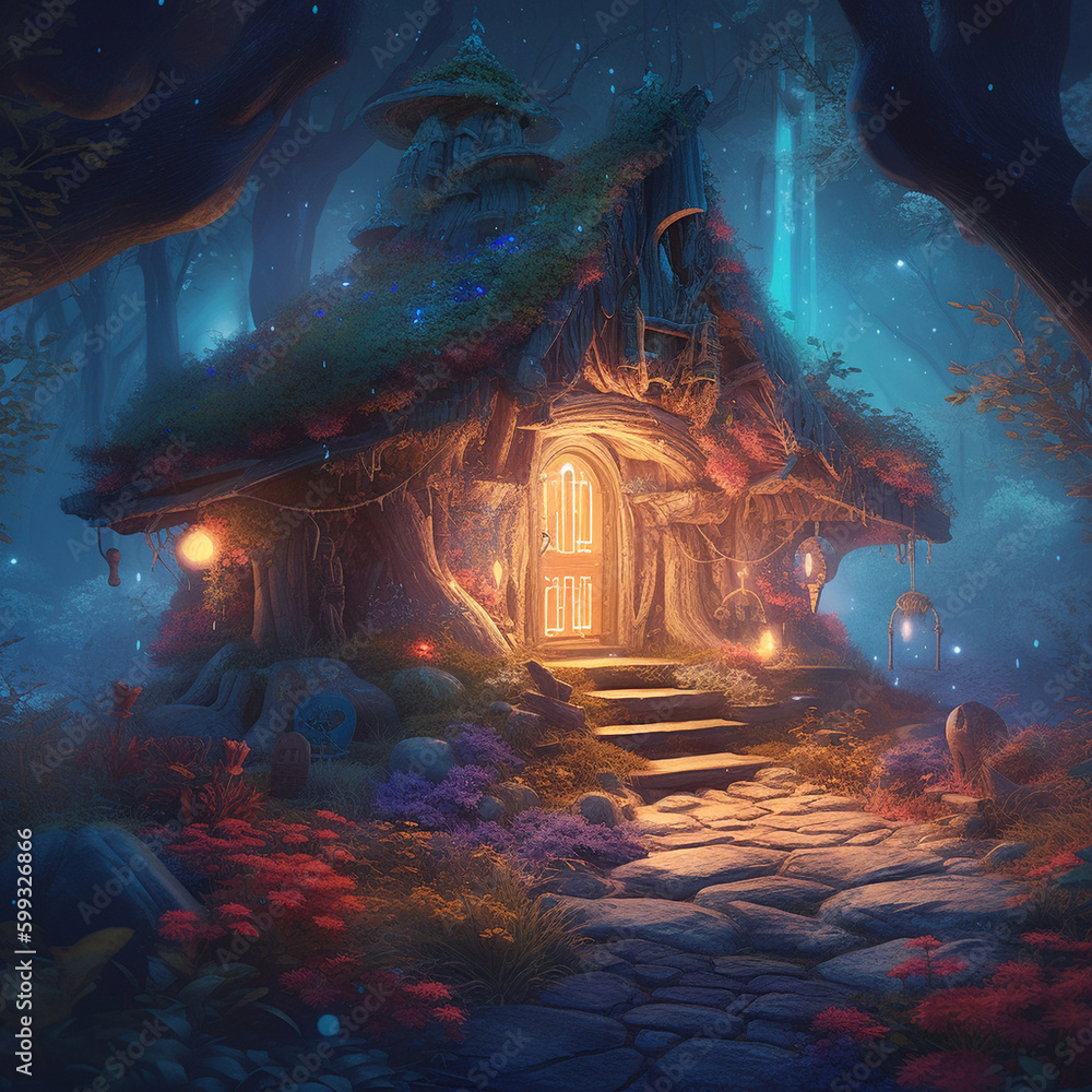 A beautiful fairy-tale illustration with a lonely wizard's hut deep in the forest thicket. A lot of small lights around illuminate the hut at night. Fabulous landscape Generative AI