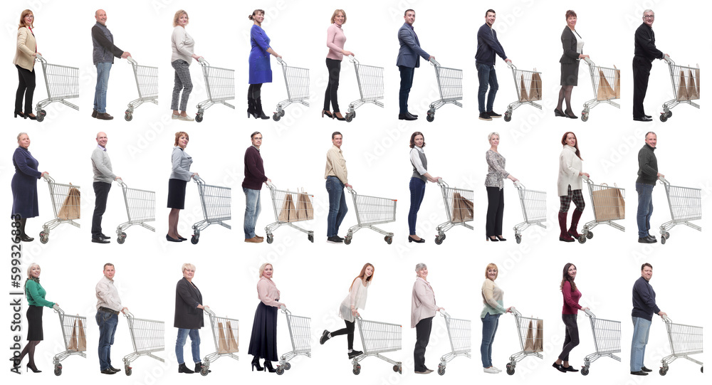 group of people with cart looking at camera isolated group of people with cart looking at camera isolated
