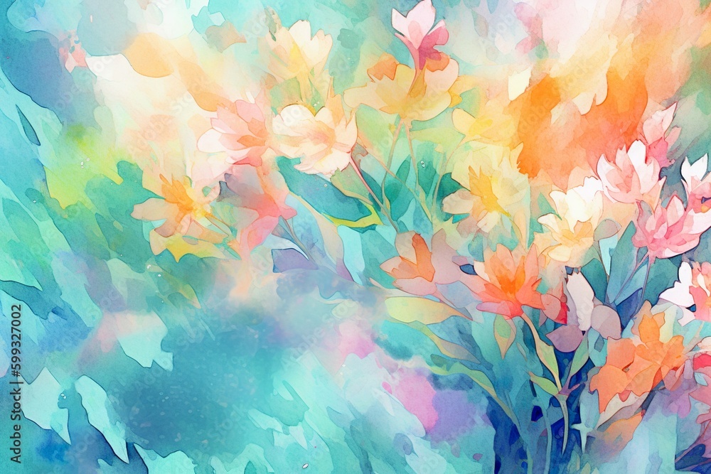 Painting of flowers on a watercolor background with blended brushstrokes, dreamlike hues, digital art, soft and vibrant, generated with AI