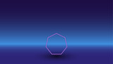 Neon heptagon symbol on a gradient blue background. The isolated symbol is located in the bottom center. Gradient blue with light blue skyline