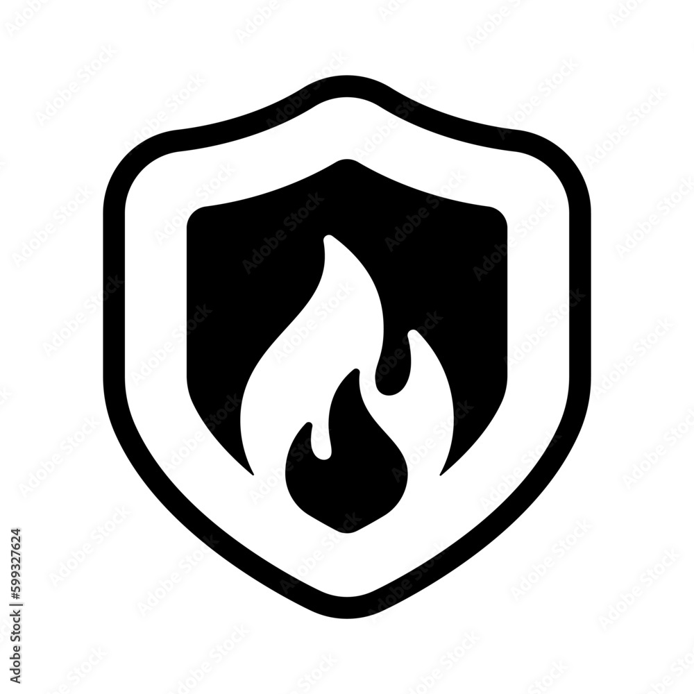 Shield with fire in flat style icon, fire shield symbol, Shield