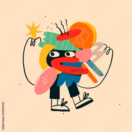 Quirky abstract Creature. Cute funny character with eyes, doodle shapes, hands, legs. Cartoon contemporary style. Isolated element, design template. Hand drawn modern Vector illustration