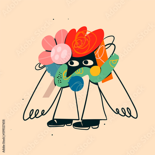 Quirky abstract Creature. Cute funny character with eyes, doodle shapes, hands, legs. Cartoon contemporary style. Isolated element, design template. Hand drawn modern Vector illustration