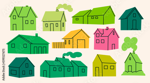 Set of various small tiny Houses. Paper cut cartoon minimal style. Flat design. Hand drawn Vector illustration. Isolated design elements. Building, sweet home, real estate concept