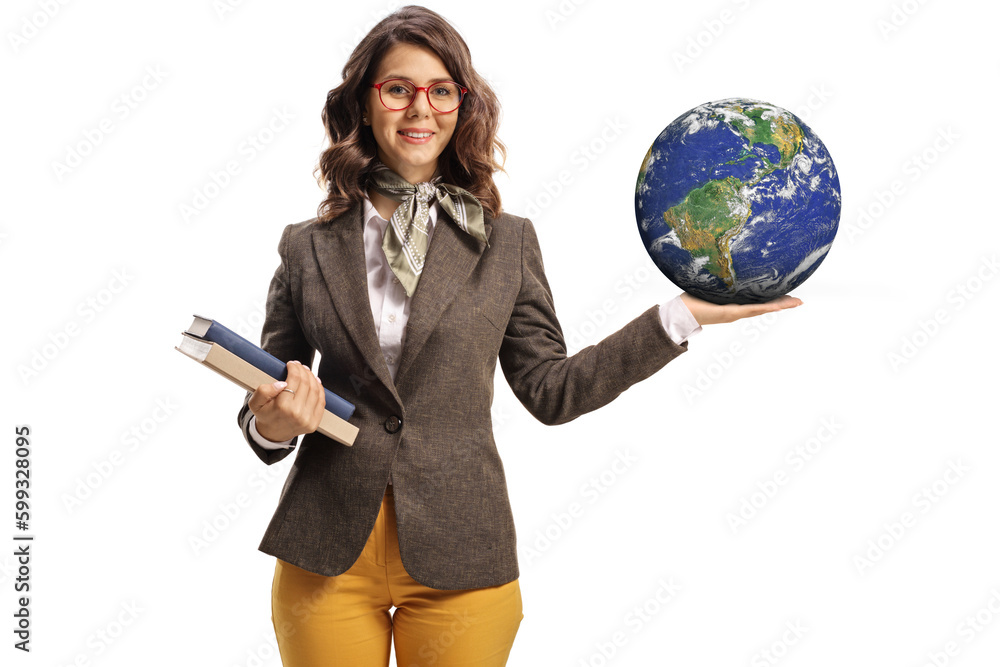 Fototapeta premium Young woman holding books with one hand and the planet earth on the other hand