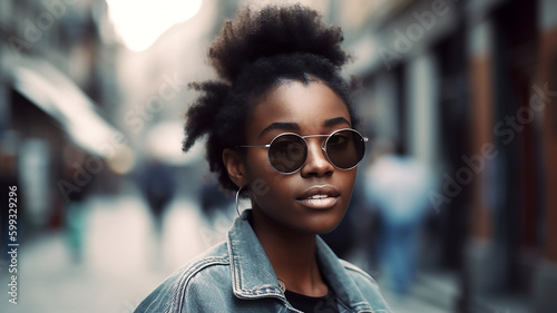 generative AI tools, young cool black skin girl walking in the street 