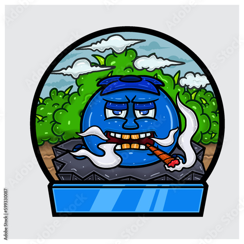 Cartoon Mascot of Blueberry Character Do Smoking In Jungle. Blank Sign and Circle Logo.