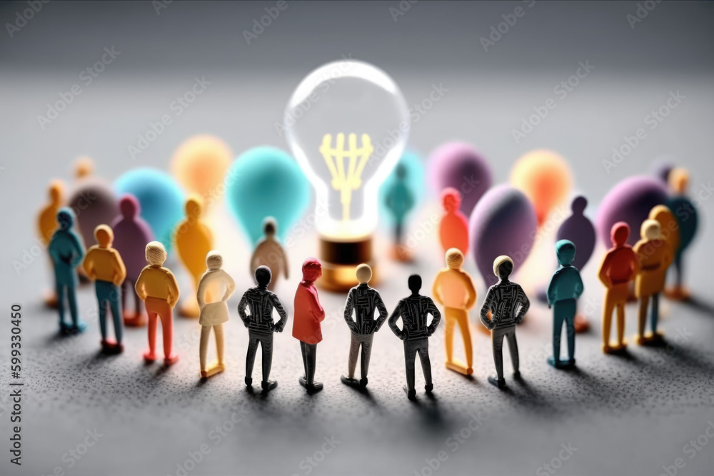 business illustration. small people characters develop creative business idea. Isometric big light bulb as metaphor idea. Graphics design. Generative AI