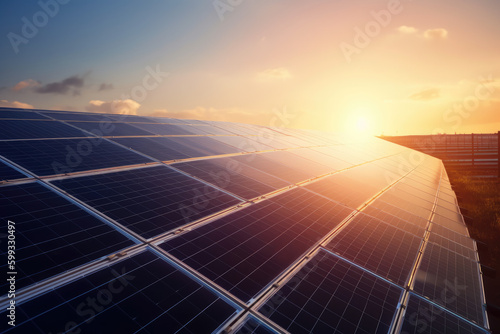 Solar Panels At Sunset Renewable Energy Concept. Generative AI