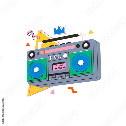 Retro boombox cassette player. Colorful trendy vector illustration on white background. Retro cassette recorder. Music player. 90s style Nineties technology. 1980s