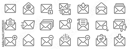 Mail icons set. Email and SMS message simple set. Envelopes big collection line style. Outline closed and open envelopes with letters - stock vector.