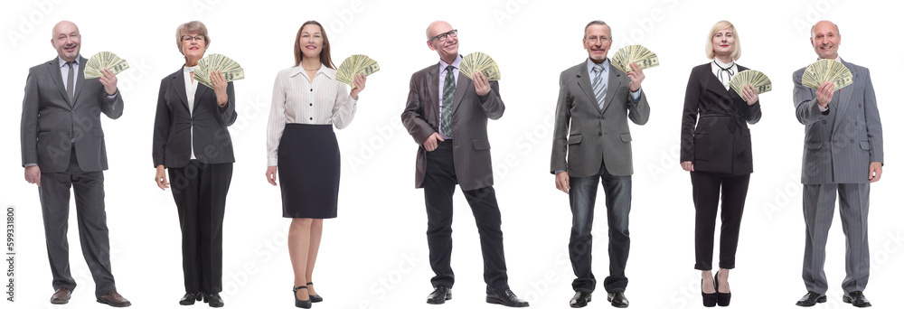 group of successful people holding money in hand