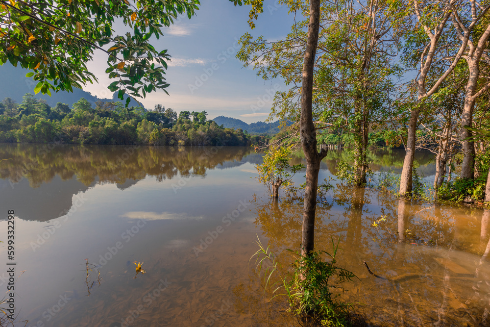 Natural background of a large reservoir in Krabi,Thailand(Nong Thale)atmosphere surrounded by mountains,trees of various sizes, blown through the wind,blurred cool during the day,a viewpoint of travel Natural background of a large reservoir in Krabi,Thailand(Nong Thale)atmosphere surrounded by mountains,trees of various sizes, blown through the wind,blurred cool during the day,a viewpoint of travel