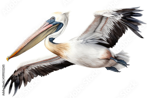 an isolated Pelican in flight, Coastal shores, Ocean air, Wildlife-themed, photorealistic illustration on a transparent background cutout in PNG. generative Ai