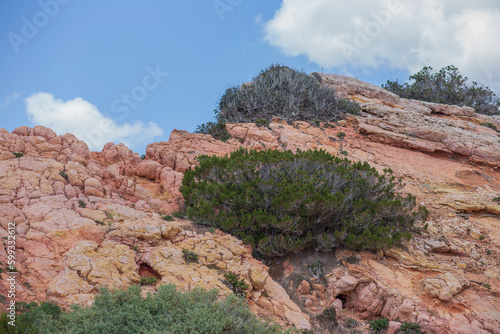 Rock Stone Stage in nature with Sea sand Beach seashore Landscape and blue sky nature Background well editing montage Displays product tourism
