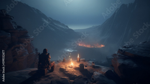 Soldier camping on mountain at night