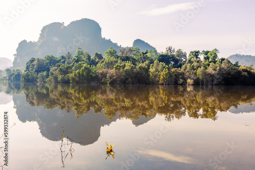 Natural background of a large reservoir in Krabi,Thailand(Nong Thale)atmosphere surrounded by mountains,trees of various sizes, blown through the wind,blurred cool during the day,a viewpoint of travel photo