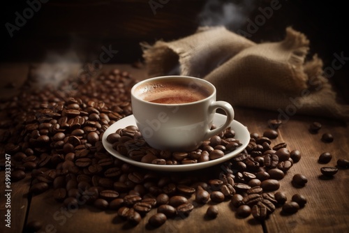breakfast brown drink bean espresso mug cafe morning cup aroma. Generative AI.