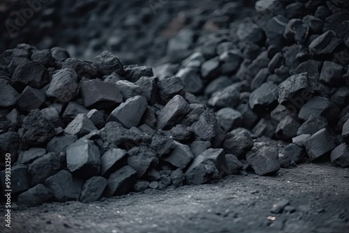 Big heap of dark black lump coal on floor bulk. Charcoal sorage at warehouse stock reserve. activated anthracite packed in plastic bag sack on wooden pallet created with Generative AI technology photo