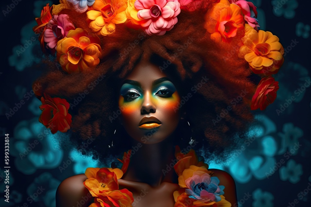 A young african woman with colorful makeup sits in a dark room, inspired by pop art and flower power with dark orange and light azure tones. Perfect for contemporary design. Generative AI A young african woman with colorful makeup sits in a dark room, inspired by pop art and flower power with dark orange and light azure tones. Perfect for contemporary design. Generative AI