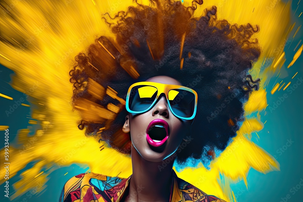 African American woman with voluminous afro hair in a pop art style with bold color contrasts of dark cyan and yellow. Perfect for graphic design projects. Generative AI African American woman with voluminous afro hair in a pop art style with bold color contrasts of dark cyan and yellow. Perfect for graphic design projects. Generative AI