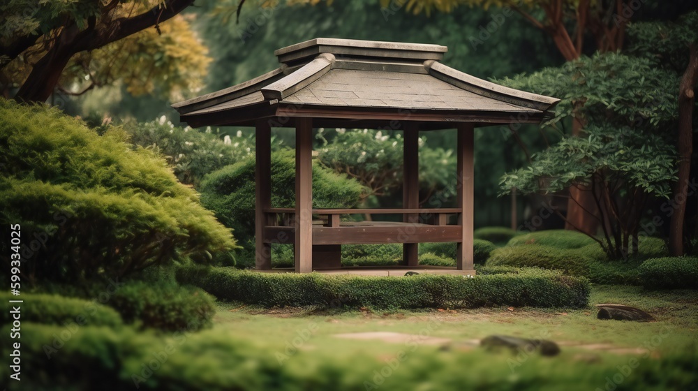 AI Generative. Experience Tranquility: Capturing the Beauty of a Traditional Japanese Gazebo Encompassed by a Lush Zen Garden