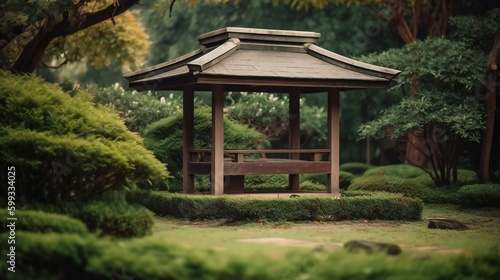 AI Generative. Experience Tranquility  Capturing the Beauty of a Traditional Japanese Gazebo Encompassed by a Lush Zen Garden