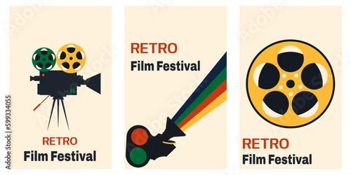 Vector set of retro vertical posters with vintage film camera and film reel. Template for film festival backgrounds.Vector illustration