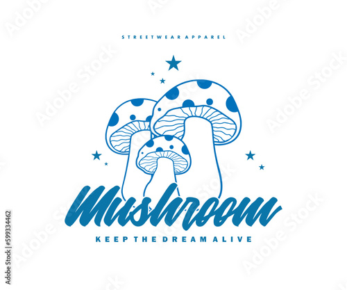 Retro illustration of mushroom t shirt design, vector graphic, typographic poster or tshirts street wear and Urban style