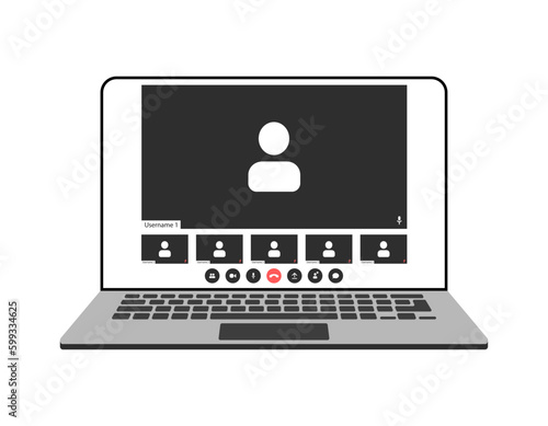Videocall interface, video call screen icons and UI template for laptop, vector overlay. Video conference or videocall online chat mockup for laptop application with call buttons