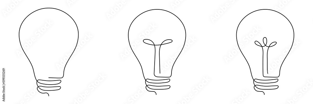 Light bulb one continuous line drawing set. Electric lamp collection. Brainstorm linear symbol group. Vector illustration isolated on white. Light bulb one continuous line drawing set. Electric lamp collection. Brainstorm linear symbol group. Vector illustration isolated on white.