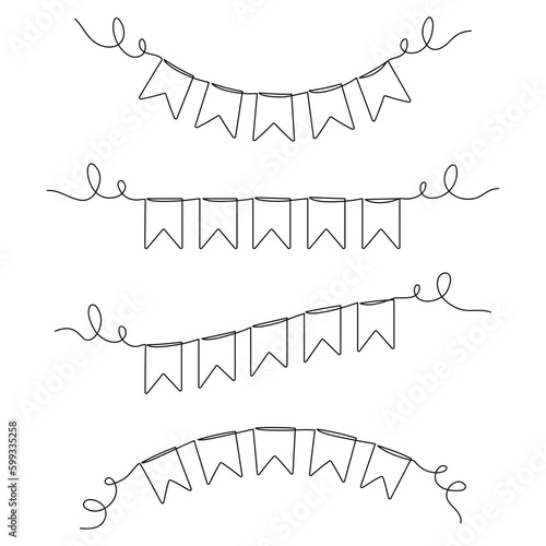 Continuous line art drawing buntings garland set. Celebration party hand drawn elements collection. Vector linear illustration isolated on white.