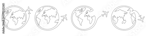 World map with flying airplane one line art collection. Continuous Earth globe line drawing set. Vector illustration isolated on white background.