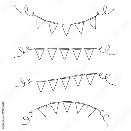Continuous line art drawing buntings garland set. Celebration party hand drawn elements collection. Vector linear illustration isolated on white.