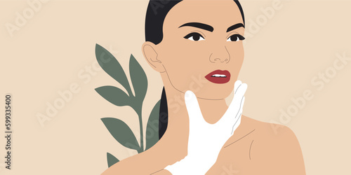 A young woman at a doctor's appointment. Beautiful lady getting treatment at cosmetology clinic, plastic surgeon touching female face.