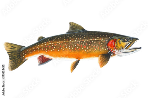 an isolated Brook Trout, river rocks, outdoor sport, fly fishing, lure fishing, fishing-themed, river stones, photorealistic illustration on a transparent background cutout in PNG. generative AI