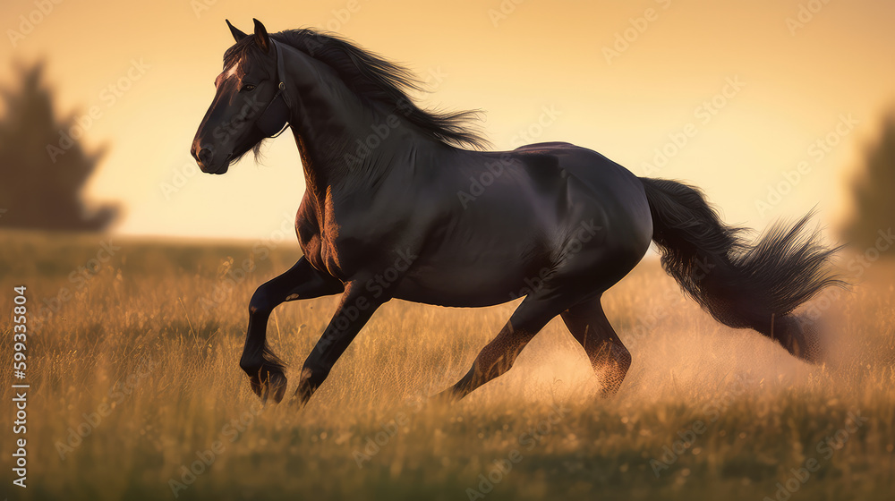 Black beautiful stallion horse running in front of the warm orange light of the sun in the evening. Generative AI.