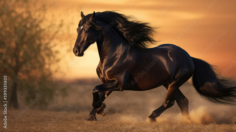 Black beautiful stallion in front of the warm orange light of the down going sun. Generative AI. Black beautiful stallion in front of the warm orange light of the down going sun. Generative AI.