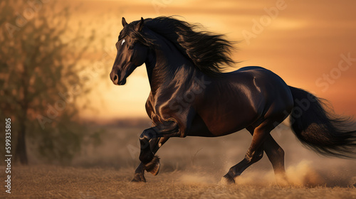 Black beautiful stallion in front of the warm orange light of the down going sun. Generative AI.